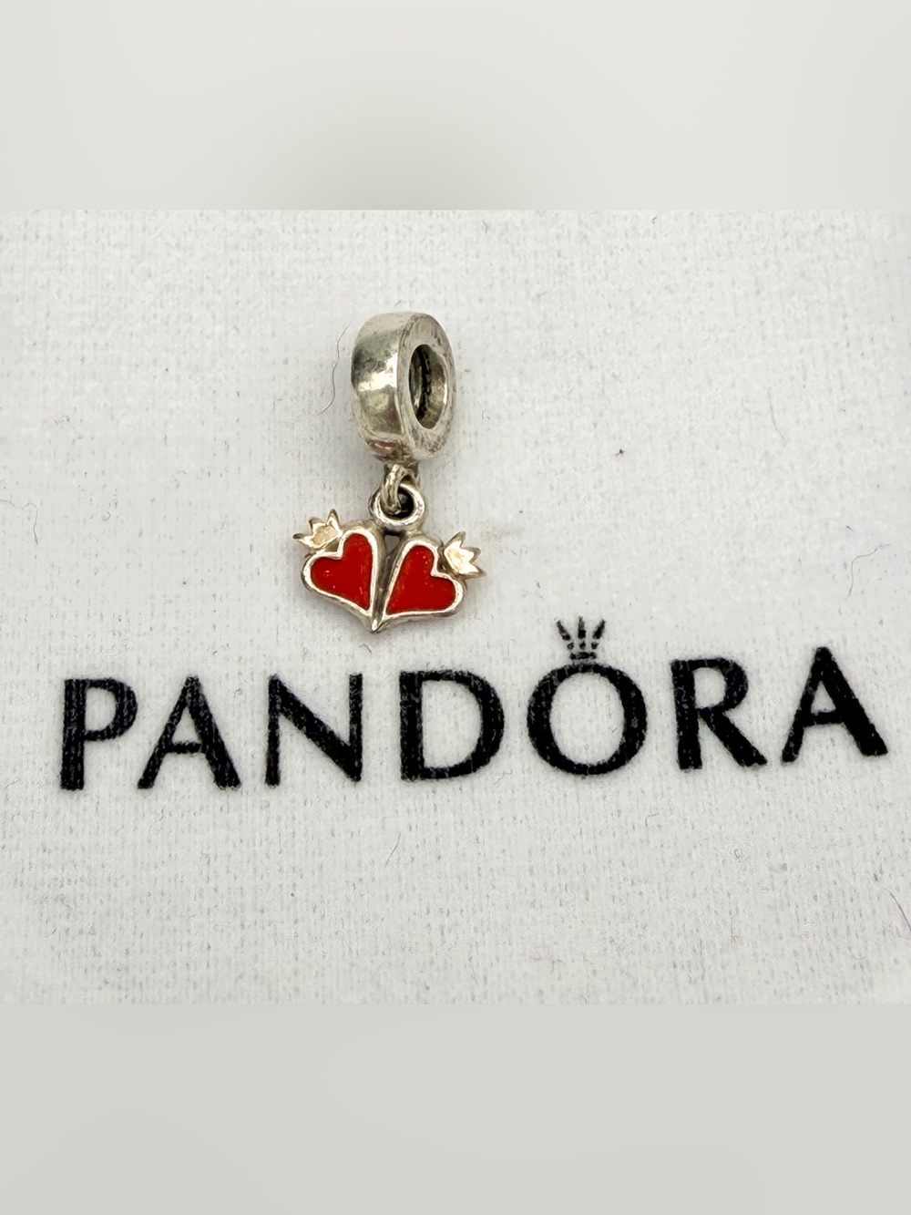 Pandora Retired 14k Gold, Sterling, Red Enamel Double Heart Crown Dangle Charm